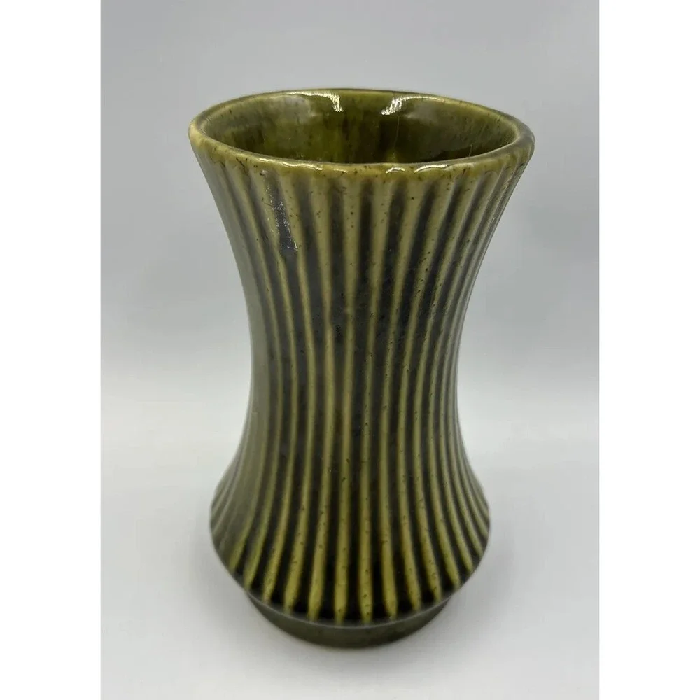 Vintage UPCO Ribbed Green Vase Mid Century Modern Farmhouse Decor Pottery